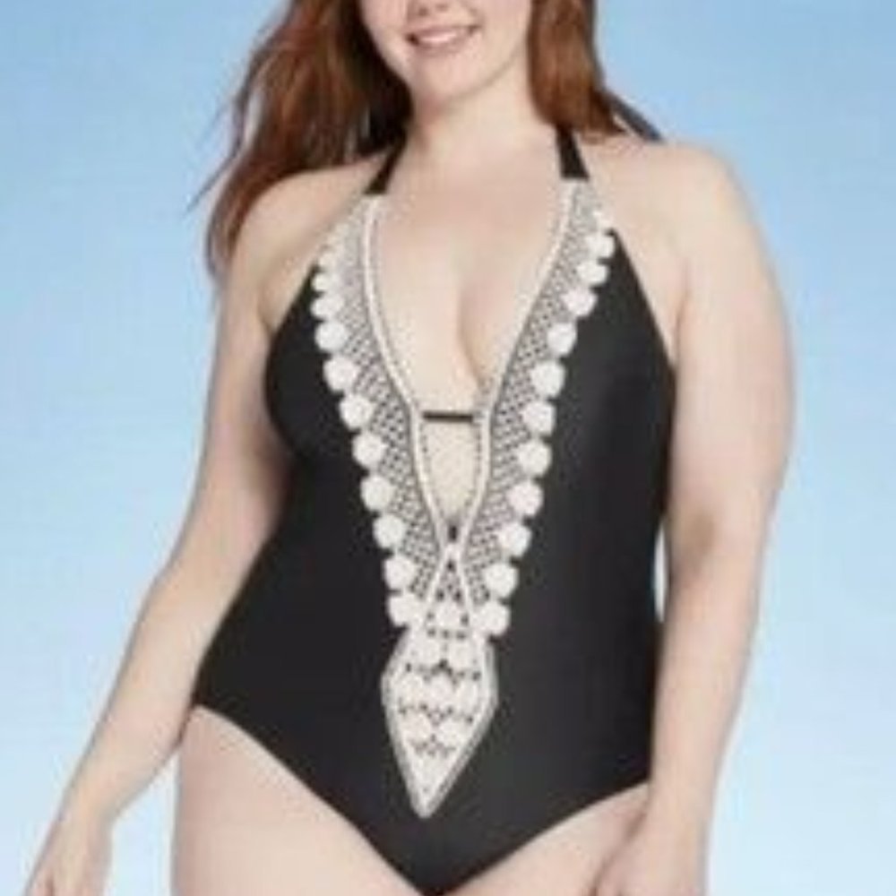 NWT Kona Sol Crochet Plunge Halter One-piece Swimsuit Black Halter L